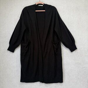 BROWNY STANDARD Cardigan Sweater Womens F Black Open Front Pockets Longline